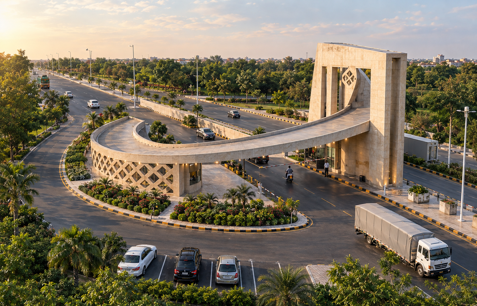 Aerial view of the Al-Hamd Residencia entrance gateway and surrounding road