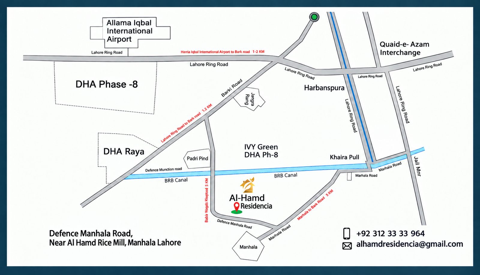 Location map showing Al-Hamd Residencia on Defence Manhala Road, near DHA Raya, Lahore Ring Road, and Allama Iqbal International Airport